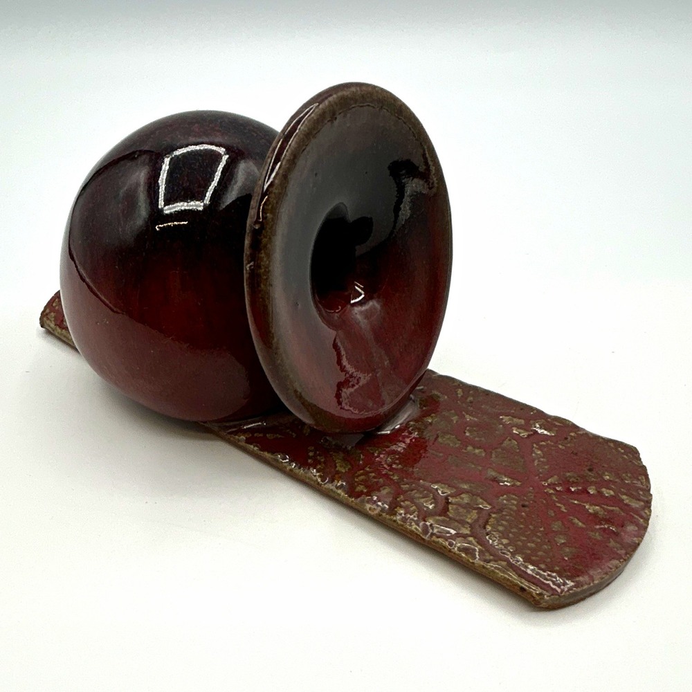 Burgundy burnt red gradient glaze Art Pottery Hanging Bud Vase on Textured Base
